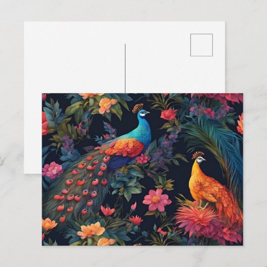 Elegante Blauwe en Gouden Peacock in Kleurrijke Tu Briefkaart (Voorkant / Achterkant)