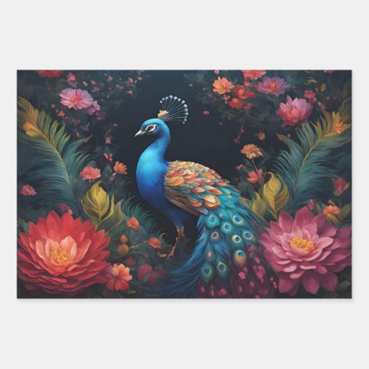 Elegante Blauwe en Gouden Peacock in Kleurrijke Tu Inpakpapier Vel (Voorkant 2)