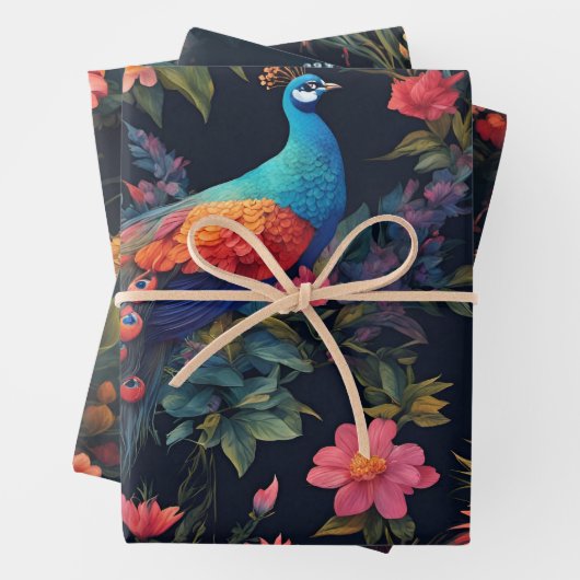 Elegante Blauwe en Gouden Peacock in Kleurrijke Tu Inpakpapier Vel (In situ)