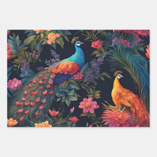 Elegante Blauwe en Gouden Peacock in Kleurrijke Tu Inpakpapier Vel (Voorkant)