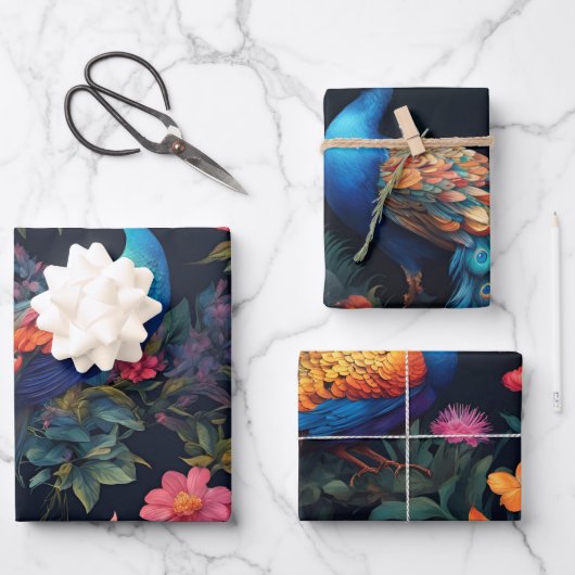 Elegante Blauwe en Gouden Peacock in Kleurrijke Tu Inpakpapier Vel (Voorkant)