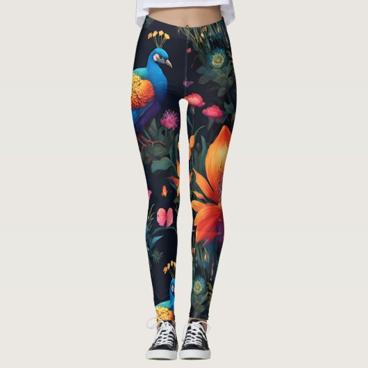 Elegante Blauwe en Gouden Peacock in Kleurrijke Tu Leggings (Voorkant)