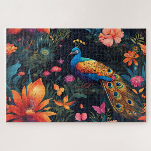 Elegante Blauwe en Gouden Peacock in Kleurrijke Tu Legpuzzel