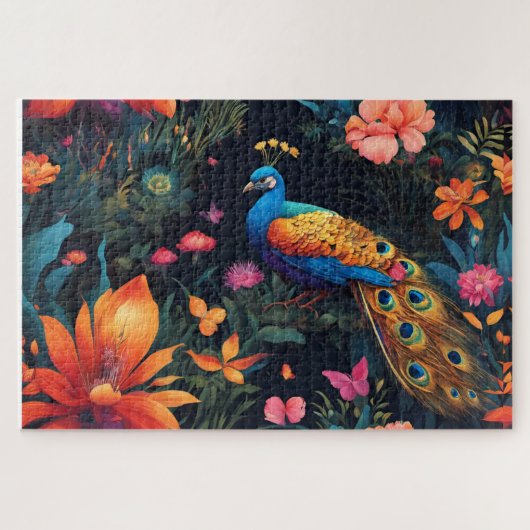Elegante Blauwe en Gouden Peacock in Kleurrijke Tu Legpuzzel (Horizontaal)