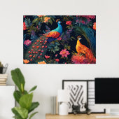 Elegante Blauwe en Gouden Peacock in Kleurrijke Tu Poster (Thuiskantoor)