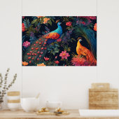 Elegante Blauwe en Gouden Peacock in Kleurrijke Tu Poster (Keuken)