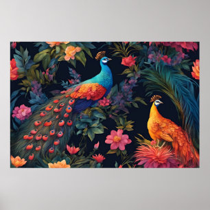Elegante Blauwe en Gouden Peacock in Kleurrijke Tu Poster
