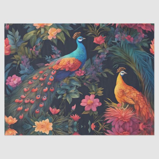 Elegante Blauwe en Gouden Peacock in Kleurrijke Tu Tissuepapier (Voorkant)