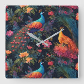 Elegante Blauwe en Gouden Peacock in Kleurrijke Tu Vierkante Klok (Voorkant)