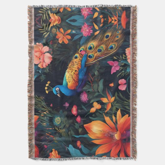 Elegante Blauwe en Gouden Peacock in Roze Tuin Deken (Voorkant Verticaal)