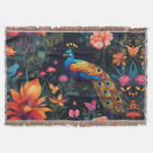 Elegante Blauwe en Gouden Peacock in Roze Tuin Deken (Voorkant)