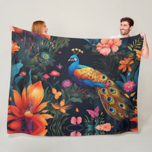 Elegante Blauwe en Gouden Peacock in Roze Tuin Fleece Deken