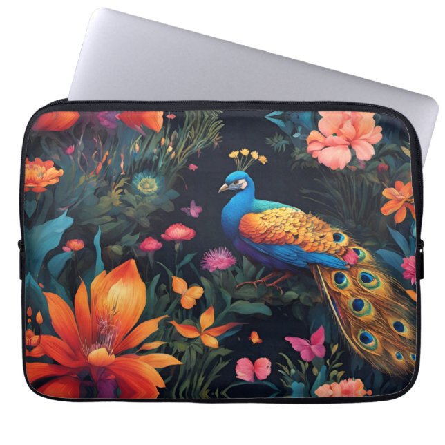 Elegante Blauwe en Gouden Peacock in Roze Tuin Laptop Sleeve (Voorkant)