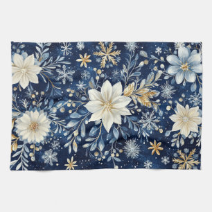 Elegante Blauwe en Gouden Poinsettia Kerst- Theedoek