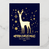Elegante Blauwe en Gouden Rendier Prettig Kerstfee Folie Feestdagenkaart (Voorkant)