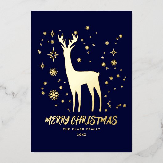 Elegante Blauwe en Gouden Rendier Prettig Kerstfee Folie Feestdagenkaart (Voorkant)