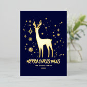 Elegante Blauwe en Gouden Rendier Prettig Kerstfee Folie Feestdagenkaart (Staand Voorkant)