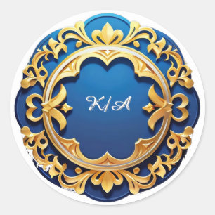 Elegante Blauwe en Gouden Sierlijke Cirkelvormige Ronde Sticker