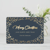 Elegante Blauwe en Gouden Sneeuw Feestdagenkaart (Staand voorkant)