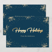 Elegante Blauwe en Gouden Sneeuwvlok Kerstkaart (Voorkant / Achterkant)