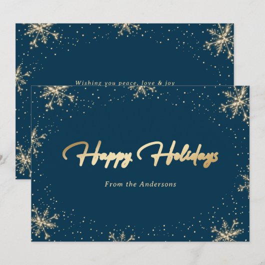 Elegante Blauwe en Gouden Sneeuwvlok Kerstkaart (Voorkant / Achterkant)