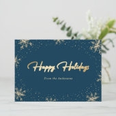 Elegante Blauwe en Gouden Sneeuwvlok Kerstkaart (Staand voorkant)