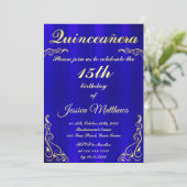 Elegante Blauwe en Gouden Typografie Quinceañera Kaart (Staand voorkant)