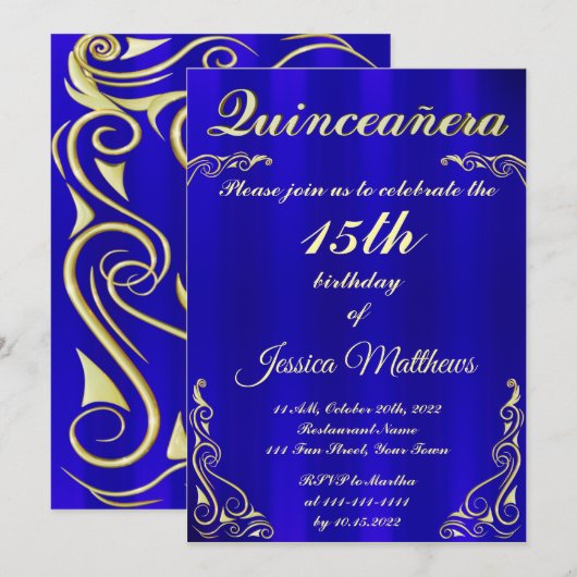 Elegante Blauwe en Gouden Typografie Quinceañera Kaart (Voorkant / Achterkant)