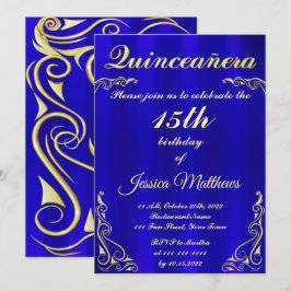 Elegante Blauwe en Gouden Typografie Quinceañera Kaart