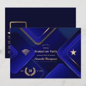 Elegante Blauwe en Gouden Virtuele Afstudeerfeest Kaart (Voorkant / Achterkant)