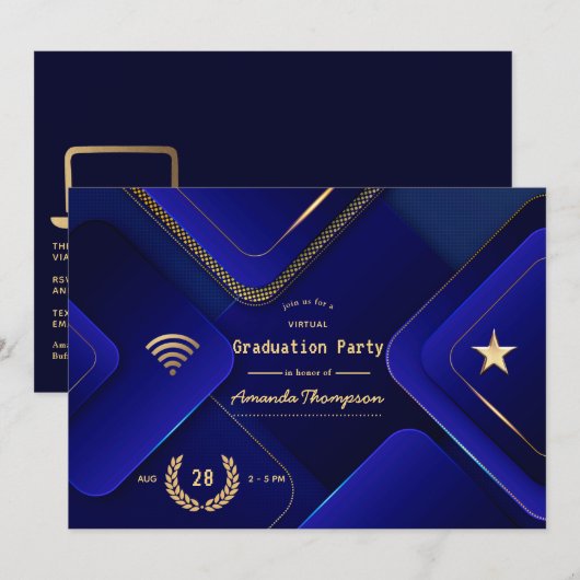 Elegante Blauwe en Gouden Virtuele Afstudeerfeest Kaart (Voorkant / Achterkant)
