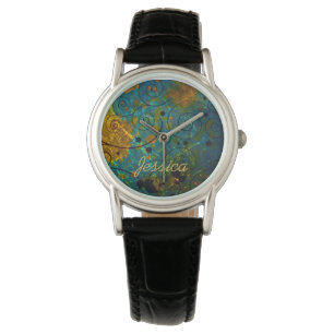 Elegante Blauwe en Gouden Wijnstok Abstract Persoo Horloge