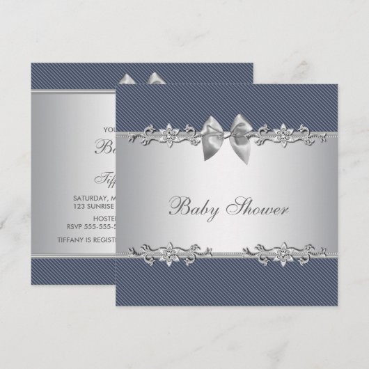 Elegante Blauwe en Grijze Baby Boy Douche Kaart (Voorkant / Achterkant)