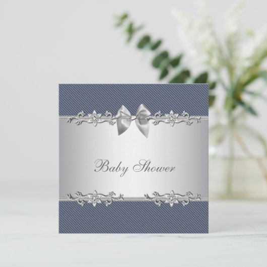 Elegante Blauwe en Grijze Baby Boy Douche Kaart (Staand voorkant)