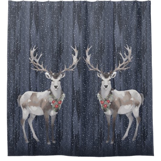 Elegante Blauwe en Grijze Sneeuw Rendier Kerstmis Douchegordijn (Voorkant)