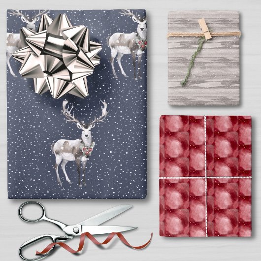 Elegante Blauwe en Grijze Sneeuw Rendier Kerstmis Inpakpapier Vel