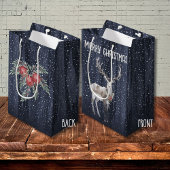 Elegante Blauwe en Grijze Sneeuw Rendier Kerstmis Medium Cadeauzakje