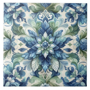Elegante Blauwe en Groene Bloemen Ornament Bloeien Tegeltje