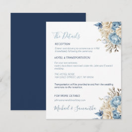Elegante Blauwe en Ivoren Rozen Bruiloft Informatiekaartje