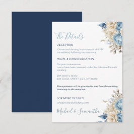 Elegante Blauwe en Ivoren Rozen Bruiloft Informatiekaartje