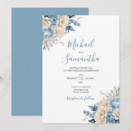 Elegante Blauwe en Ivoren Rozen Bruiloft Kaart