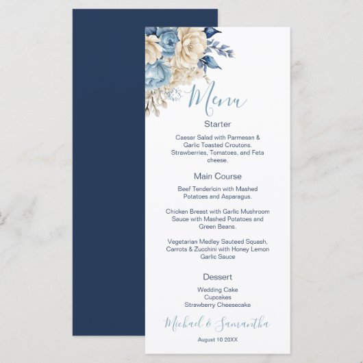 Elegante Blauwe en Ivoren Rozen Bruiloft Menu (Voorkant / Achterkant)