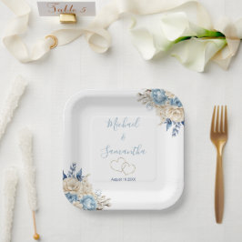 Elegante Blauwe en Ivoren Rozen Bruiloft Papieren Bordje