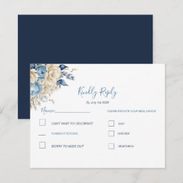 Elegante Blauwe en Ivoren Rozen Bruiloft RSVP Kaartje
