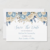 Elegante Blauwe en Ivoren Rozen Bruiloft Save The Date (Voorkant)