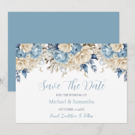 Elegante Blauwe en Ivoren Rozen Bruiloft Save The Date