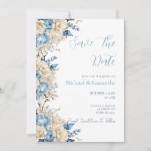 Elegante Blauwe en Ivoren Rozen Bruiloft Save The Date (Voorkant)