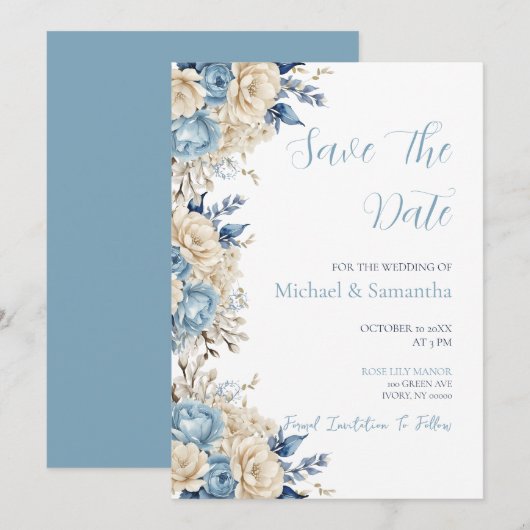Elegante Blauwe en Ivoren Rozen Bruiloft Save The Date (Voorkant / Achterkant)