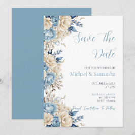 Elegante Blauwe en Ivoren Rozen Bruiloft Save The Date