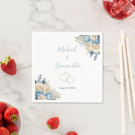 Elegante Blauwe en Ivoren Rozen Bruiloft Servet
